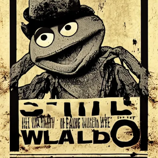 Prompt: a walking dead style poster of Kermit the frog, serious, black and white, dirtied with mud stains, looks like an old wild west wanted poster, realistic