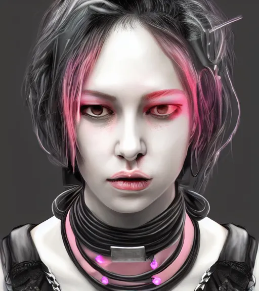 Prompt: detailed realistic female character cyberpunk wearing thick steel collar around neck, realistic, art, beautiful, 4K, collar, choker, collar around neck, punk, artstation, detailed, female, woman, choker, cyberpunk, neon, punk, collar, choker, collar around neck, thick collar, tight around neck, punk, eyes, n9