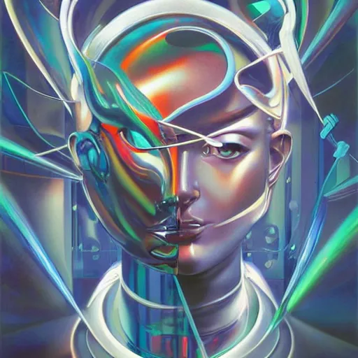 Image similar to scifi futurism automaton minimalism chrome by peter mohrbacher art Hajime Sorayama airbrush hyperrealism model abstract shatter fragments cubism futurism pastel blue soft flat minimal minimalism portrait face jackson pollock ukiyo-e lithograph mark ruthko swirl escape noise shimmer glow paint