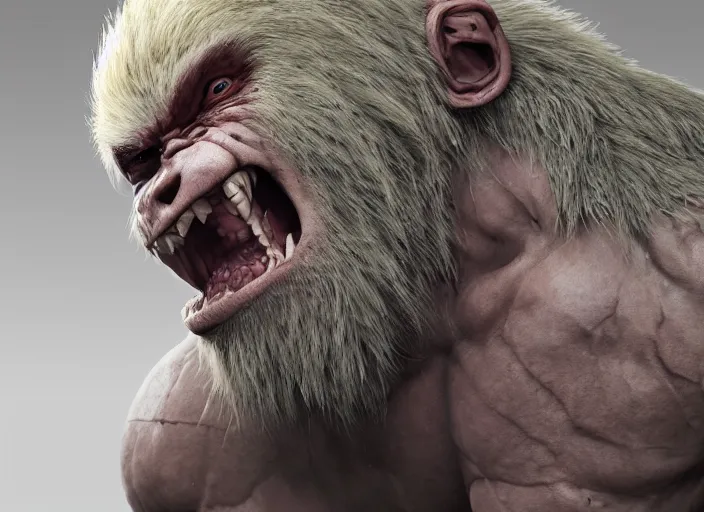 Image similar to extremely scary angry old tough rough looking albino warrior gorilla. scars, scary, gruffness, interesting 3 d character concept by square enix, in the style of league of legends, hyper detailed, cinematic, final fantasy, character concept, ray tracing, fur details, maya, c 4 d, artstation