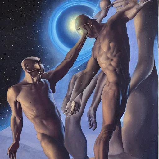 Image similar to the creation of the human race from the material in the stars. cosmos, detailed oil painting by vincent di fate michelangelo and alan lee