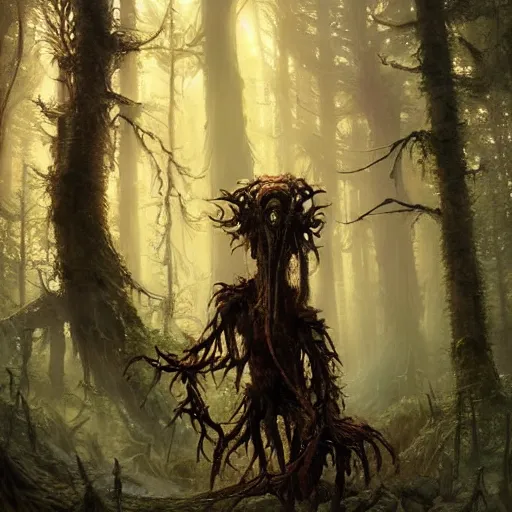 Image similar to highly detailed creepy forest humanoide creature in robes, stephen bliss, unreal engine, fantasy art by greg rutkowski, loish, rhads, ferdinand knab, makoto shinkai and lois van baarle, ilya kuvshinov, rossdraws, tom bagshaw, global illumination, radiant light, detailed and intricate environment