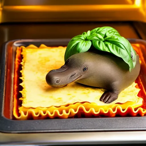 Image similar to platypus wearing a chef hat while putting a lasagna in an oven, with three basil leaves over the lasagna