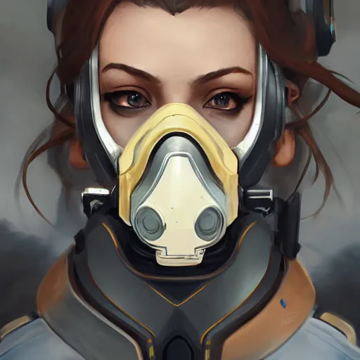 Image similar to mercy overwatch wearing a gas mask, 8 k resolution, highly detailed, intricate, very beautiful face, very detailed eyes, by greg rutkowski, wlop