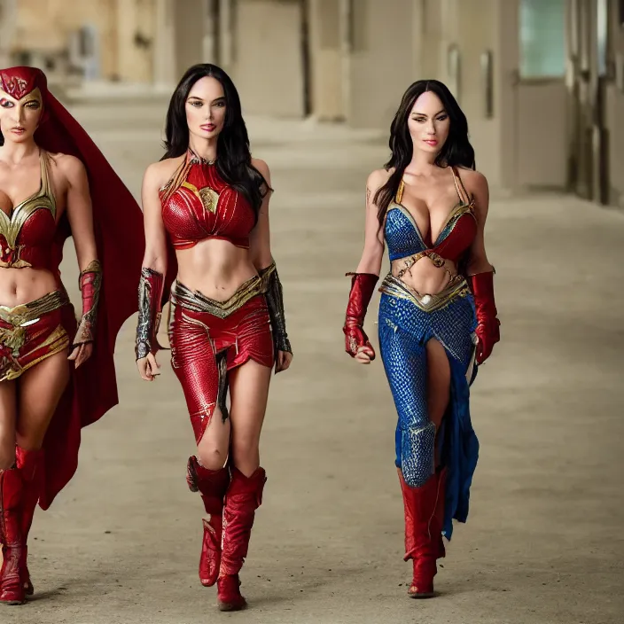 Image similar to movie still of lindsey pelas and megan fox as superheroines wearing kebaya and selendang, directed by scott snyder, 4 k hd, oscar winning, high detail