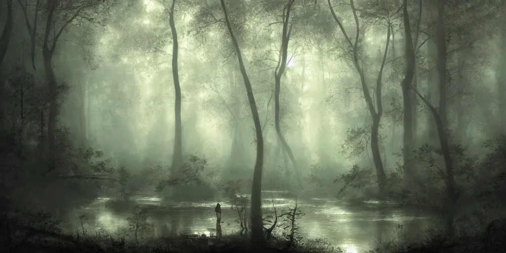 Image similar to [ a dark scene of a dense forest at dawn with a gentle stream through it, sunlight through trees, volumetric light and mist, fog, a dead fallen tree lays in the water, a sense of mystery ], andreas achenbach, artgerm, mikko lagerstedt, zack snyder, tokujin yoshioka