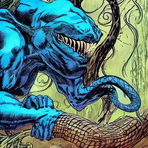 Prompt: blue by neal adams evocative, somber. a computer art of a large, looming creature with a long, snake body. many large, sharp teeth, & eyes glow. wrapped around a large tree, bent under the weight. small figure in foreground, a sword, dwarfed by the size of the creature.