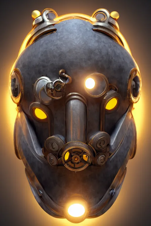 Image similar to steampunk mask minimalist fantasy art robot ninja helmet, global illumination ray tracing hdr fanart arstation by sung choi and eric pfeiffer and gabriel garza and casper konefal radiating a glowing aura