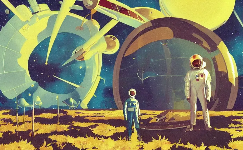 Image similar to a portrait of Alain Delon pilot in spacesuit posing on field forrest spaceship station landing laying lake artillery outer worlds shadows in FANTASTIC PLANET La planète sauvage animation by René Laloux