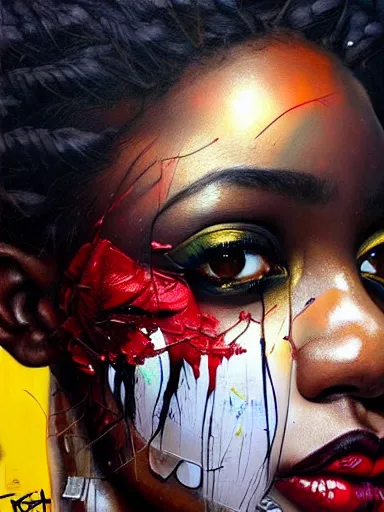 Prompt: portrait of an black woman painted by artgerm, karol bak, artur bordalo, sandra chevrier : : portrait, vibrant, character, illustration, street art, graffiti, hyperrealism