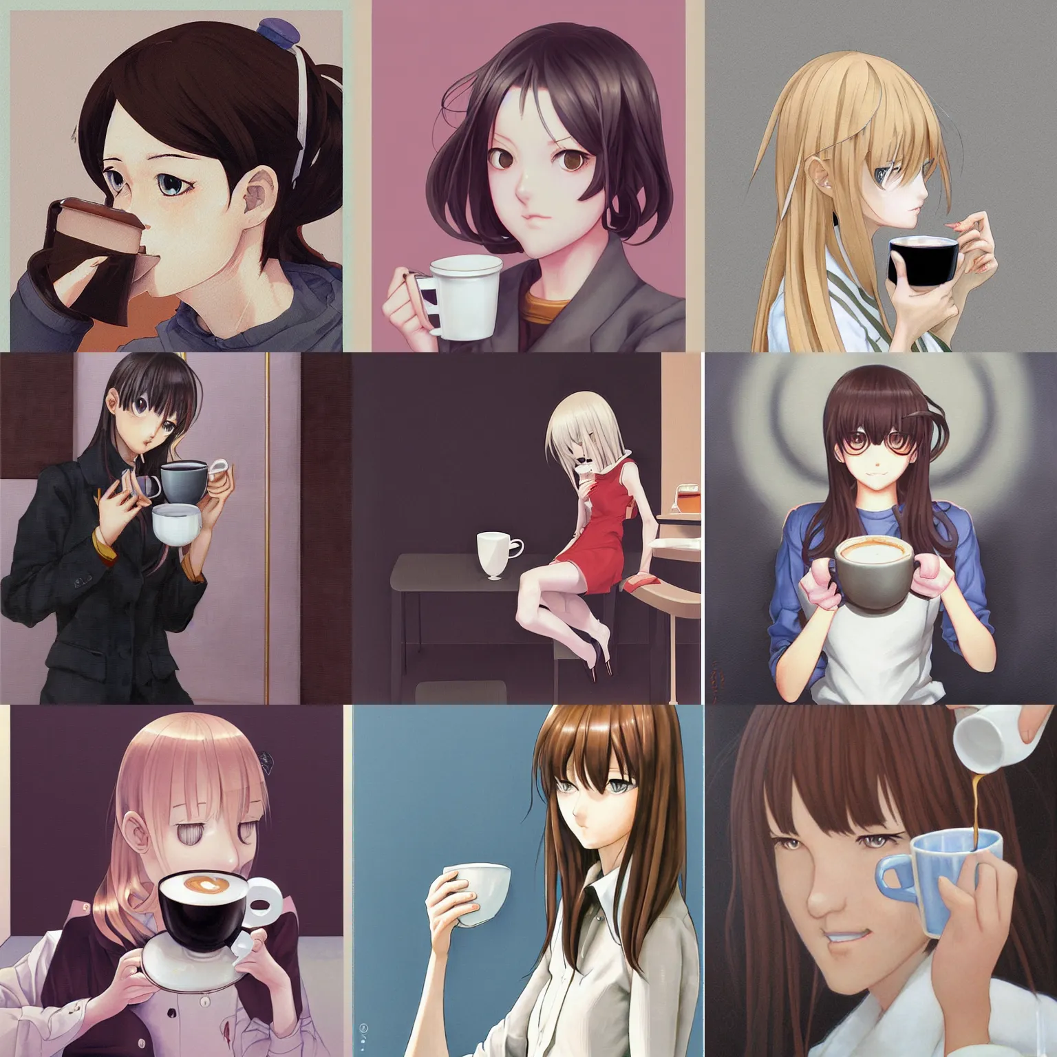 Prompt: Woman drinking coffee by Range Murata