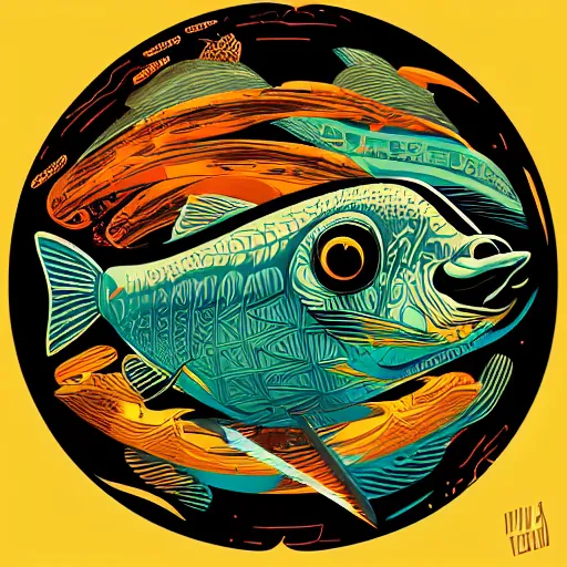 Image similar to profile of one stylized fish in center of view, dark ocean, complex patterns, artstation, intricate, realistic, highly detailed, digital painting, concept art, sharp focus, illustration by tom whalen and charles williams and kilian eng and james jean