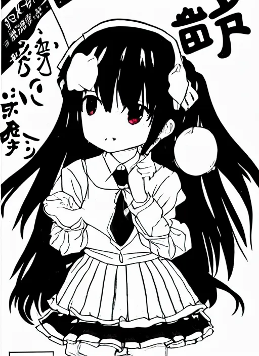 Image similar to manga style, black and white manga, multi - panel kawaii chibi manga, school girl kuudere, by gen urobuchi and yuyuko takemiya, japanese language, aharen - san