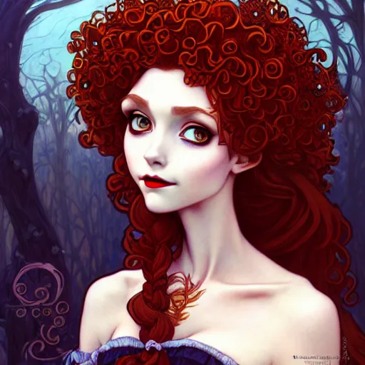 Image similar to a modern gothic lolita version of Princess Merida, face, fantasy, intricate, elegant, highly detailed, digital painting, artstation, concept art, smooth, sharp focus, illustration, art by Gerald Brom and Jasmine Becket-Griffith and Fernanda Suarez and alphonse mucha