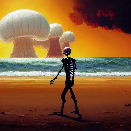 Prompt: Beautiful painting of relaxed skeleton walking on the tropical beach with nuclear bomb explosion in the background, high quality, trending on Artstation, realistic, by Greg Rutkowski, highly detailed big mushroom cloud, warm and vibrant color scheme, coherent, photorealism