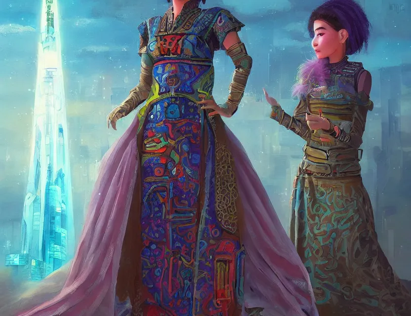 Prompt: central asian scifi princess of the steppe, wearing a lovely dress with cyberpunk details. this oil painting by the beloved children's book author has an interesting color scheme and impeccable lighting.