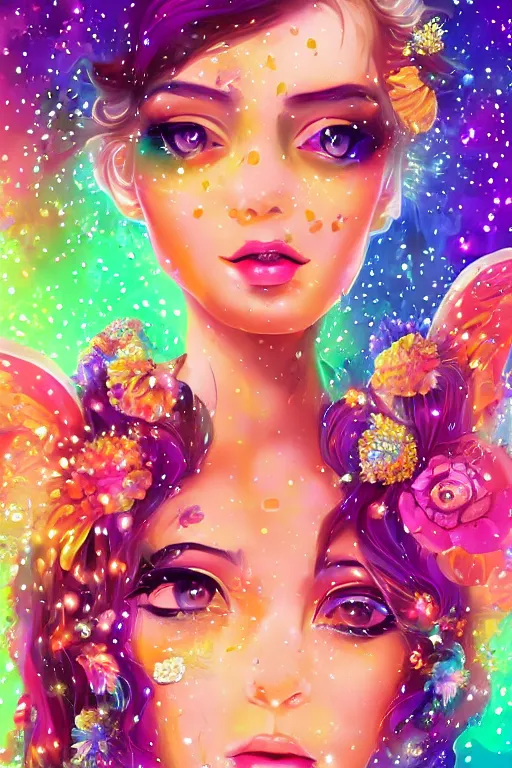 Prompt: psychedelic, digital painting, 4k, illustration, beautiful seductive woman with fox ears smoking weed, with professional makeup, long trippy hair, a crystal and flower dress, sitting on bed of crystals, surrounded by gems, underneath the stars, rainbow fireflies, trending on patreon, deviantart, twitter, artstation, volumetric lighting, heavy contrast, art style of artgerm and Greg Rutkowski and alphonse mucha