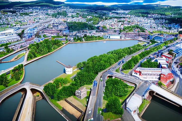 Image similar to bird's eye view photography of a small city. town hall, central farm, monorail station, inlet and shipping dock. hills, woods and pond to the north.