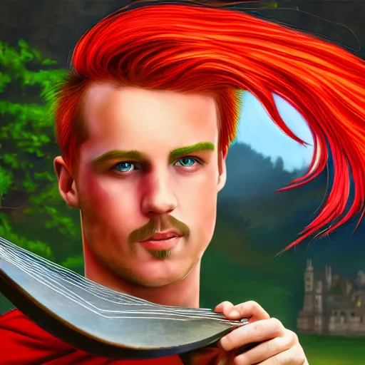 Prompt: man with fire - red hair, mischievous expression, bright green eyes, green cloak, holding a lute, small medieval village in the background, hyperrealism, digital art, 8 k