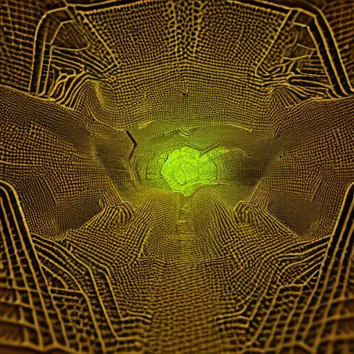 Image similar to highly detailed 3 d rendering in octane and vray of slime mold made of cellular automata according to golden ratio pattern floating in space. beautiful mystical lighting, mist, sigma 2 4 mm