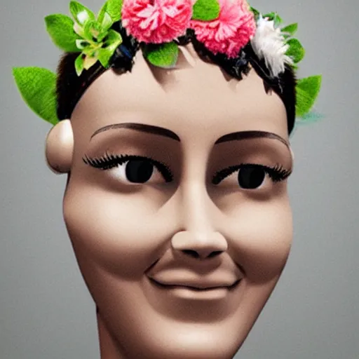 Image similar to female robot face with flowers instead of antennas