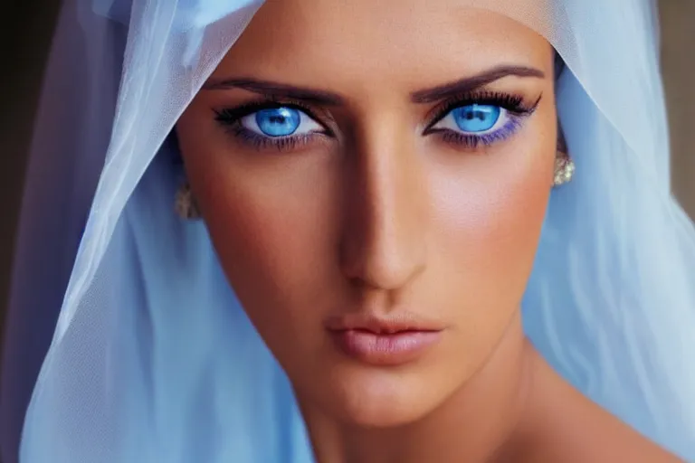 Image similar to Arab young Monica Belluci, tanned, bright blue eyes, white transparent veil, glare face, light blue dress portrait