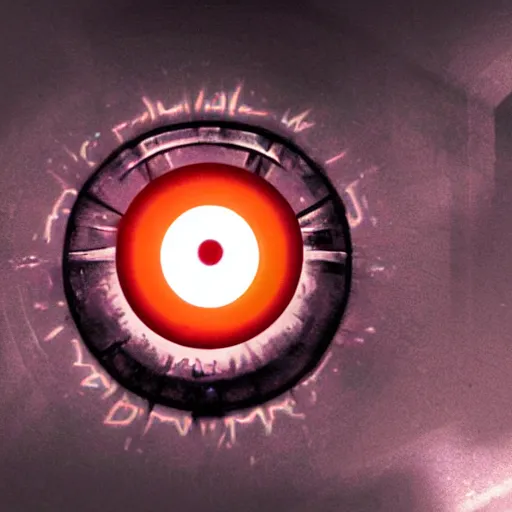 Image similar to GLaDOS as a lovecraftian god, orange glowing eye