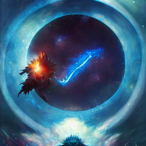 Image similar to prompt crystalline blue dragon in space devouring a planet, Smough, sun system, nebula, oil painting, by Fernanda Suarez and and Edgar Maxence and greg rutkowski