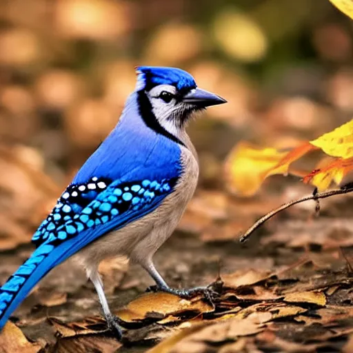 Image similar to bluejay standing next to a river in a forest in autumn