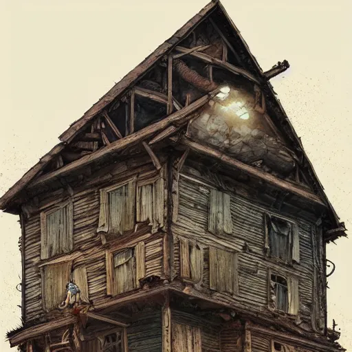 Image similar to two husbands leave each other inside broken wooden house, detailed intricate ink illustration, dark atmosphere, detailed illustration, hd, 4k, digital art, overdetailed art, concept art, by greg rutkowski, by loish, complementing colors, Trending on artstation, deviantart