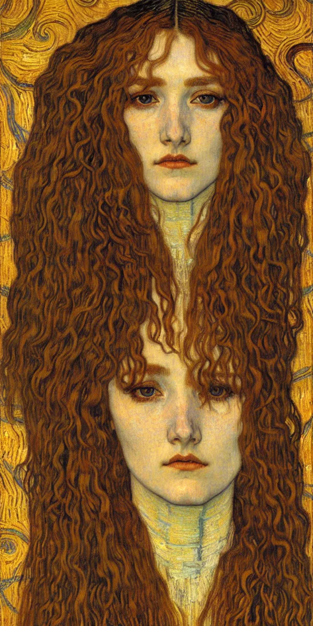 Image similar to detailed realistic beautiful young medieval queen face portrait by jean delville, gustav klimt and vincent van gogh, art nouveau, symbolist, visionary, gothic, pre - raphaelite, muted earthy colors, desaturated