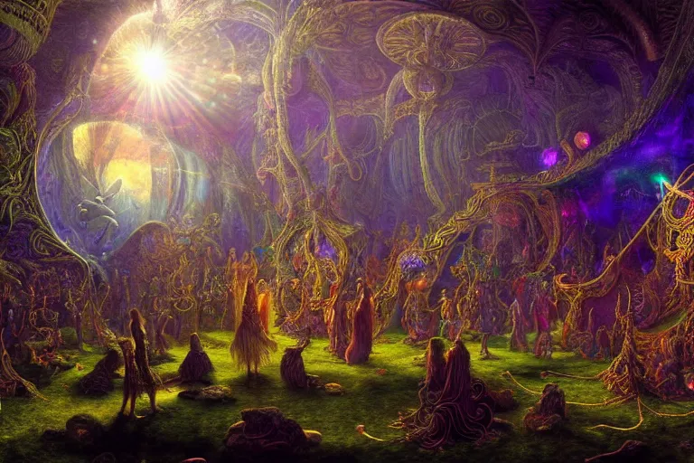 Image similar to a beautiful and highly detailed digital painting of a a psytrance party in another dimension, psychedelic, celtic, intricate details, epic scale, insanely complex, 8 k, sharp focus, photorealism, artstation, cgsociety, by caspar friedrich, albert bierstadt, james gurney, brian froud,