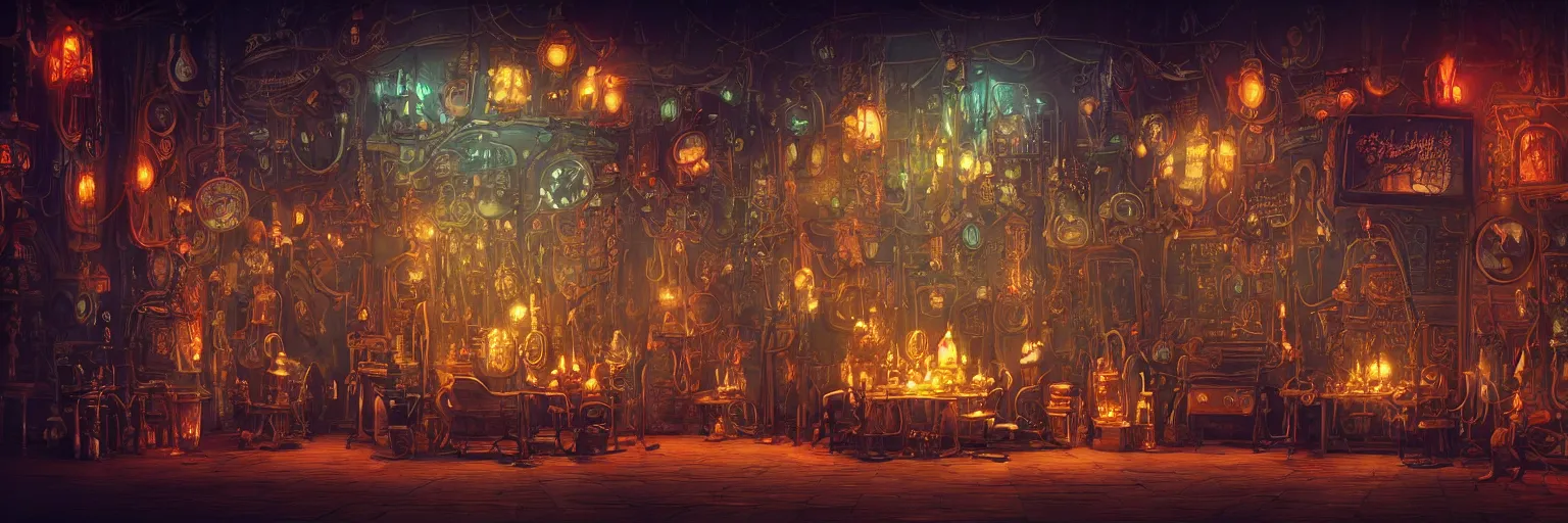 Image similar to a beautiful painting of a tapestry of a dream, ultra detailed, dark, steampunk, moody, candles, neon signs, infographic, characters from machinarium, by don bluth, trending on artstation, octane render