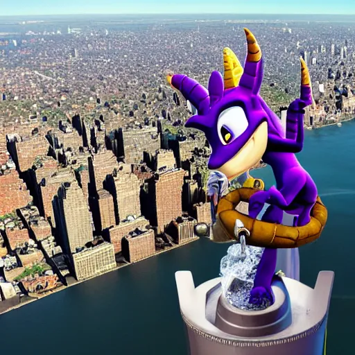 Prompt: spyro the dragon smoking weed out of a water pipe while flying over new york city n - 9