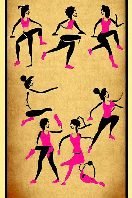 Prompt: 3000BC zumba fitness art poster on parchment