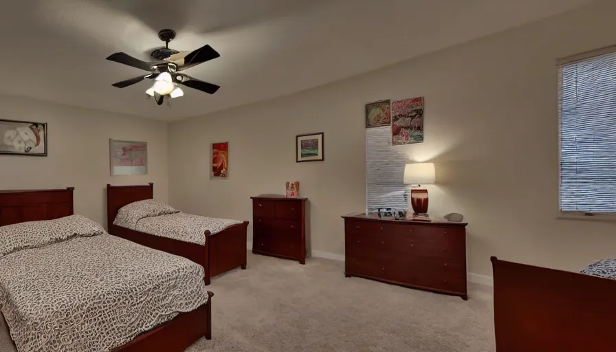 Image similar to a bedroom with a small bed old tv night stand and ceiling fan at night time