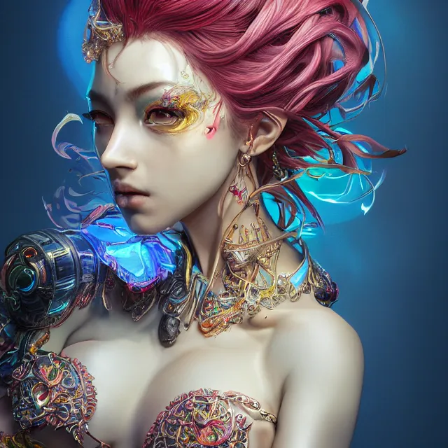 Image similar to studio portrait of colorful female divine mech dancer as absurdly beautiful, elegant, young sensual gravure idol, ultrafine hyperrealistic detailed face illustration by kim jung gi, irakli nadar, intricate linework, sharp focus, bright colors, matte, octopath traveler, final fantasy, unreal engine highly rendered, global illumination, radiant light, intricate environment