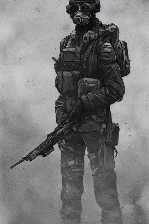 Image similar to british sas female operative with the standard s 1 0 gas mask and the black uniform, 8 0 s, artstation, trending on artstation, establishing shot, by simon stalenhag