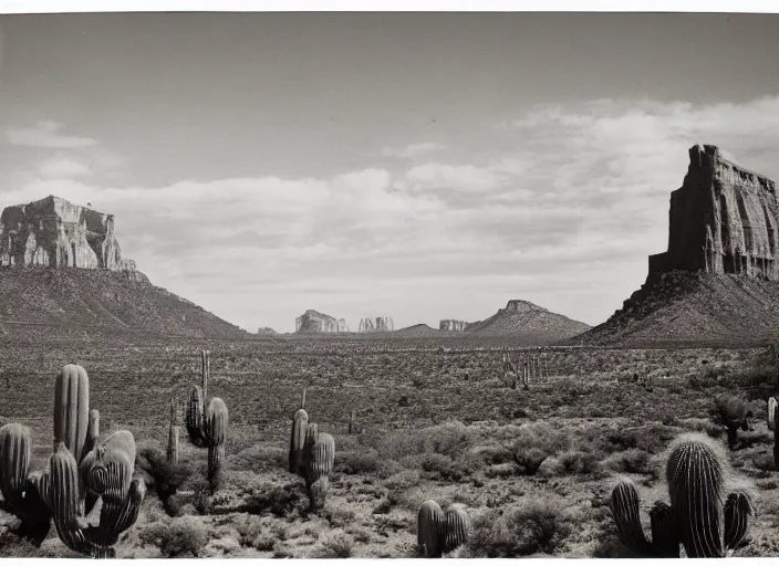 Image similar to Distant view of a huge cathedral mesa with cactus in the foreground, albumen silver print by Timothy H. O'Sullivan.