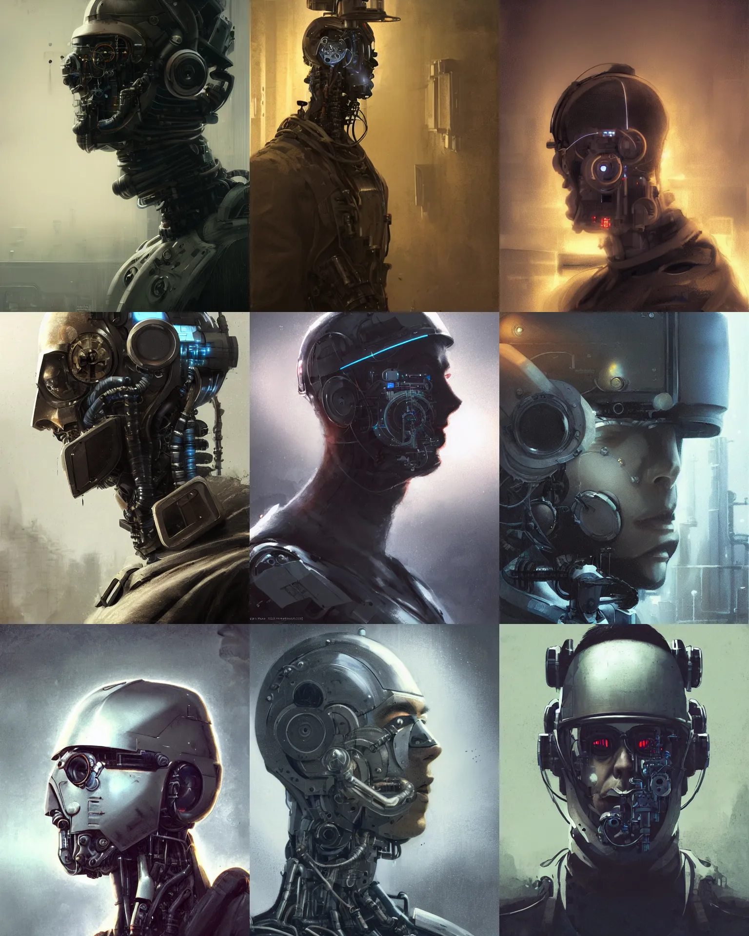 Prompt: a half - masked observant young laboratory engineer man with cybernetic enhancements as seen from a distance, scifi character portrait by greg rutkowski, esuthio, craig mullins, 1 / 4 headshot, cinematic lighting, dystopian scifi gear, gloomy, profile picture, mechanical, half robot, implants, steampunk