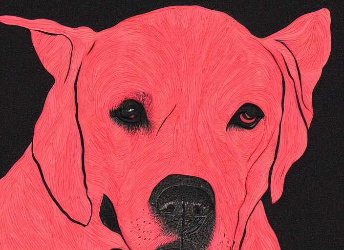 Image similar to illustration of a red dog. black thin ink contour