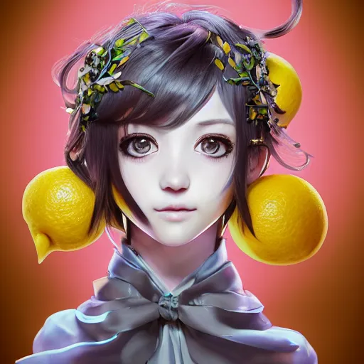 Image similar to the portrait of an absurdly beautiful, graceful, elegant, sophisticated, young teen anime girl made up of lemons looking up, an ultrafine hyperdetailed illustration by kim jung gi, irakli nadar, intricate linework, bright colors, octopath traveler, final fantasy, unreal engine 5 highly rendered, global illumination, radiant light, detailed and intricate environment