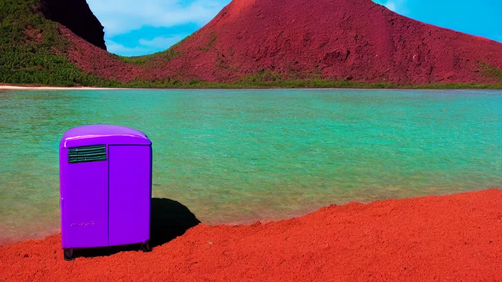 Image similar to purple refrigerator, red sand beach, green ocean, nebula sunset