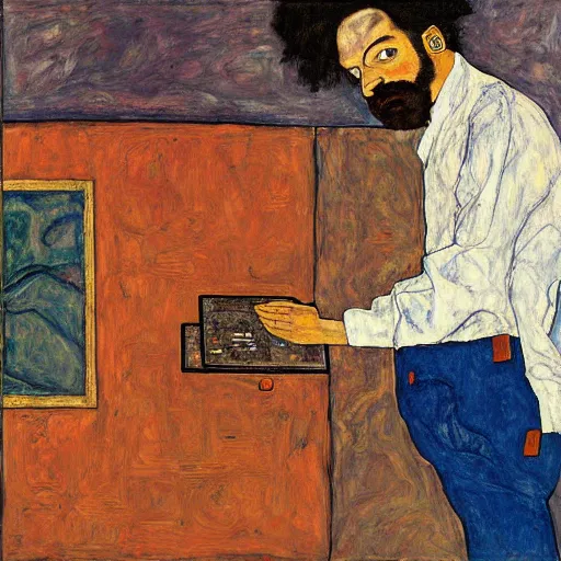 Prompt: Moodymann browsing a crate of records, oil on canvas, by Egon Schiele