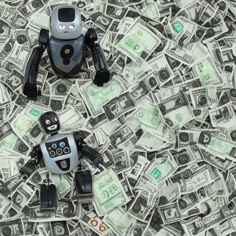 Image similar to Dall-E AI robot, drowning in cash,