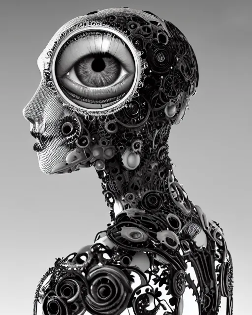 Image similar to black and white dreamy foggy smoky profile face portrait, one silver steampunk eye biomechanical beautiful young female cyclope - cyborg - robot bust, body ribs meshes,, volumetric light, hibiscus flowers, by hg giger, rim light, by dora maar and cecile beaton, big gothic fashion pearl embroidered collar, 8 k