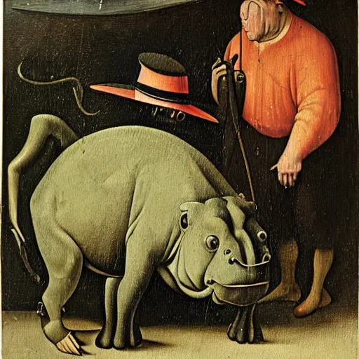 Prompt: oil painting by hieronymous bosch of a hippopotamus and a man wearing a hat.