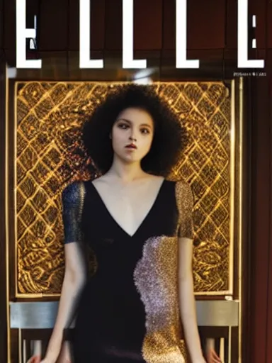 Image similar to cover of a 2 0 1 9 issue of elle magazine featuring an attractive young female fashion - model posing in an ornate art - deco lobby lit by rays of sunlight from the windows. full - color professional fashion photography.