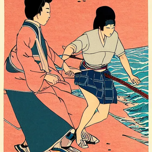 Prompt: Beautiful Japanese woman running from an old samurai on the beach Toshio Saeki, high detailed, artstation trending