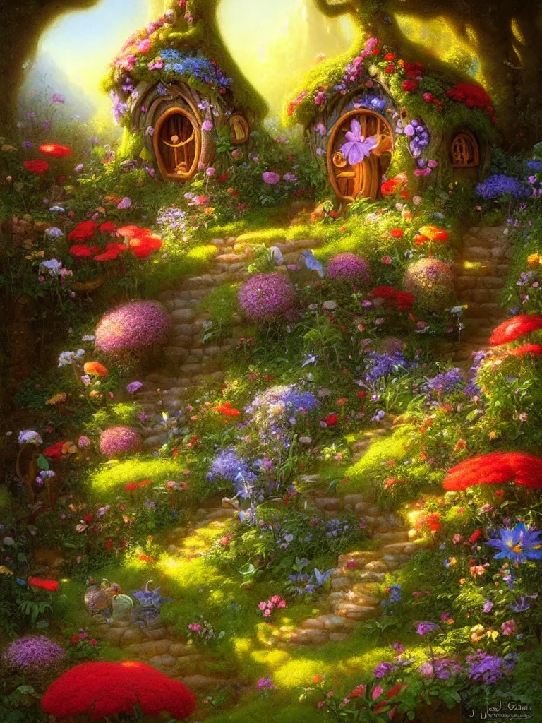 Prompt: a whimsical fairy house in a lush garden of flowers by Justin Gerard, morning light